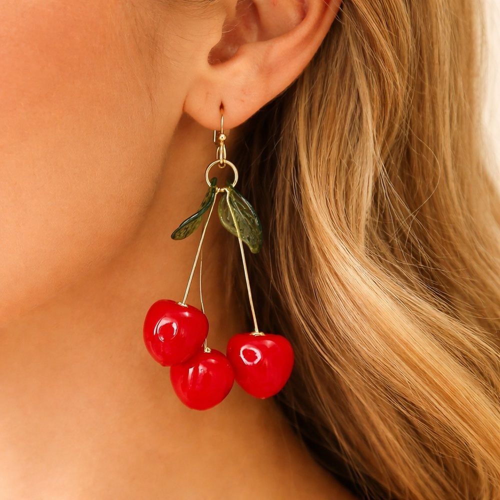 Red Cherry Dangle Earrings Gold Tone Statement Cottagecore 2.25”